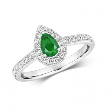 Emerald & Diamond Pear Shape Ring, 9k White Gold