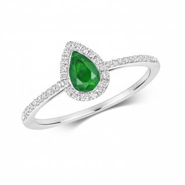 Petite Emerald & Diamond Pear Shape Ring, 9k White Gold