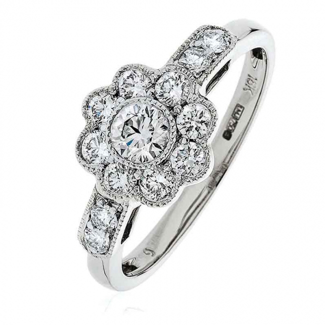Diamond Flower Cluster Ring 0.70ct, 18k White Gold
