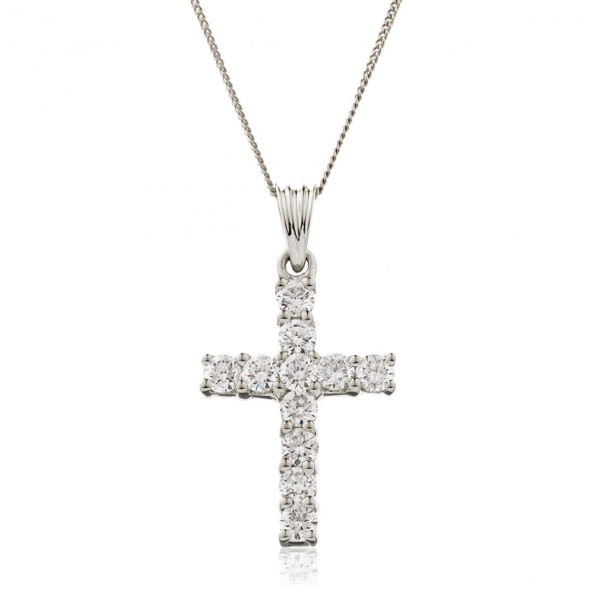 Diamond Cross Necklace 1.00ct, 18k White Gold