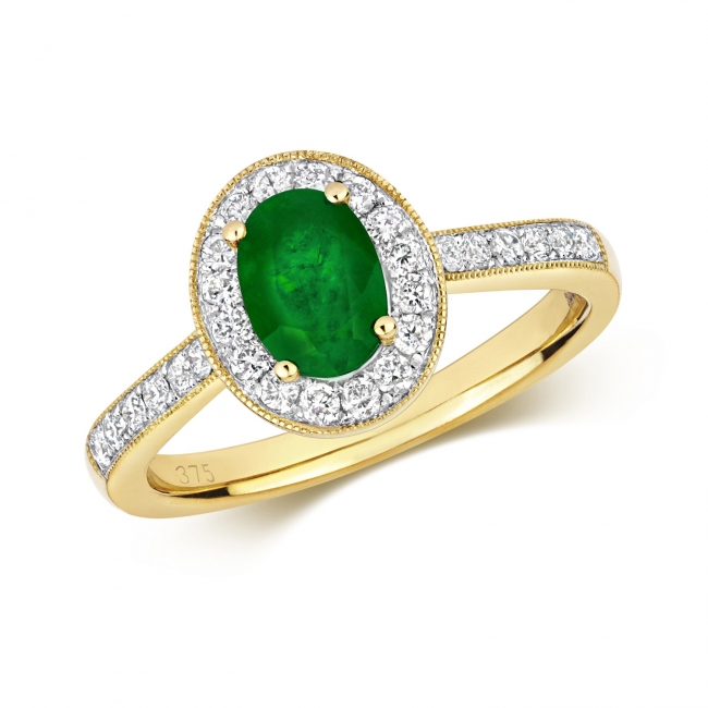 Emerald & Diamond Oval Ring 1.08ct, 9k Gold