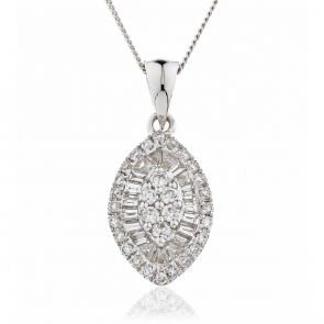 Diamond Baguette & Round Cut Necklace 0.50ct, 18k White Gold