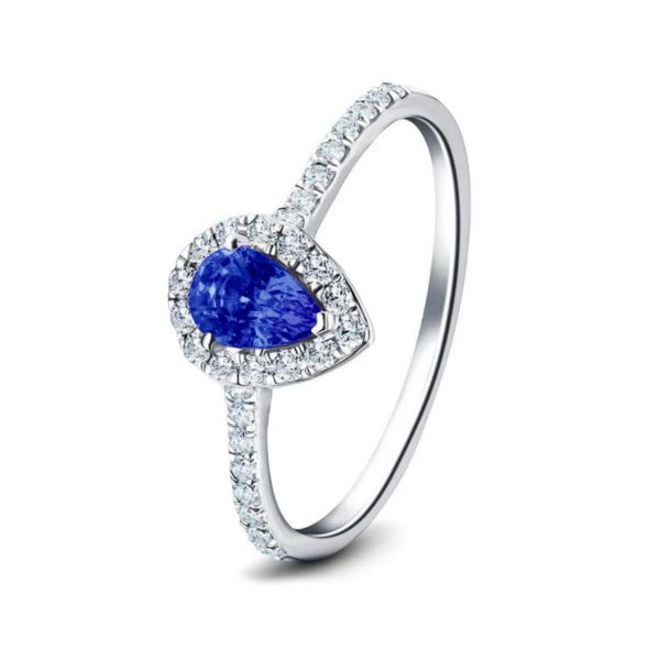 Blue Sapphire & Diamond Pear Shape Ring 1.15ct. 9k White Gold