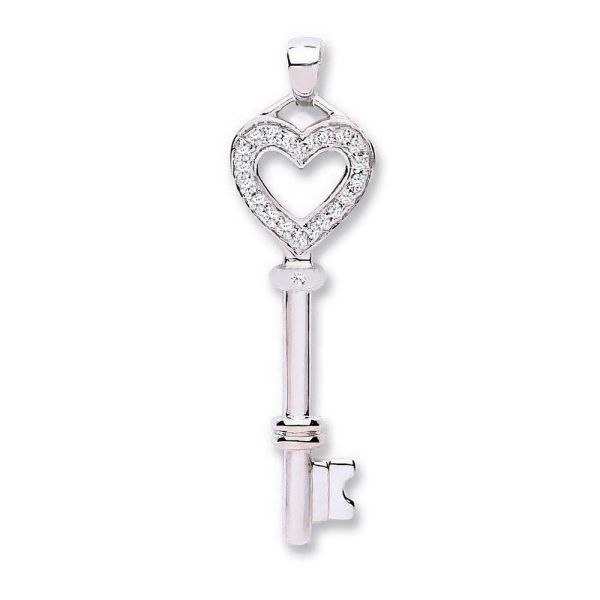 14k White Gold Diamond Dainty Key Pendant Necklace with Chain 16