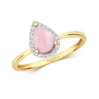 Rose Quartz Cabochon & Diamond Pear Ring 0.82ct, 9k Gold