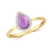 Amethyst Cabochon & Diamond Pear Ring 0.82ct, 9k Gold