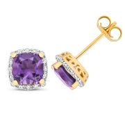 Amethyst & Diamond Cushion Stud Earrings, 9k Gold