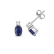 Natural Sapphire & Diamond Oval Stud Earrings, 9k White Gold