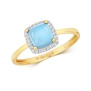 Blue Topaz Cabochon & Diamond Cushion Ring 1.63ct, 9k Gold