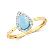 Blue Topaz Cabochon & Diamond Pear Ring 1.09ct, 9k Gold