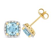 Blue Topaz & Diamond Cushion Stud Earrings