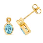 Blue Topaz & Diamond Oval Stud Earrings Rub-Over 5x4mm, 9k Gold