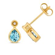 Blue Topaz & Diamond Pear Stud Earrings Rub-Over 5x4mm, 9k Gold