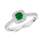 Diamond & Emerald Cushion Ring 0.54ct, 9k White Gold