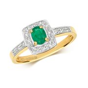 Diamond & Emerald Cushion Shape Ring 0.41ct, 9k Gold
