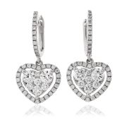 Diamond Heart Drop Earrings 1.40ct, 18k White Gold