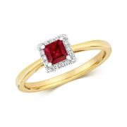 Diamond & Princess Cut Ruby Ring 0.64ct, 9k Gold