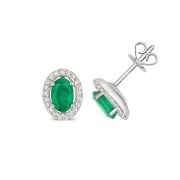 Emerald & Diamond Oval Halo Earrings, 9k White Gold