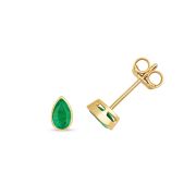 Emerald Pear Stud Earrings Rub-Over 5x3mm, 9k Gold