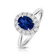 Lab Grown Oval Sapphire & Diamond Halo Ring, 9k White Gold