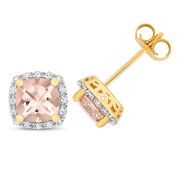 Morganite & Diamond Cushion Stud Earrings, 9k Gold