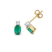 Natural Emerald & Diamond Oval Stud Earrings, 9k Gold