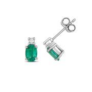 Natural Emerald & Diamond Oval Stud Earrings, 9k White Gold