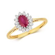 Oval Ruby Ring with Diamond surround, 0.58ct, 9k Gold