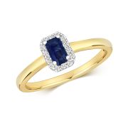 Sapphire & Diamond Ring, Emerald Cut 0.46ct, 9k Gold