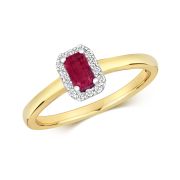 Ruby & Diamond Ring, Emerald Cut 0.47ct, 9k Gold