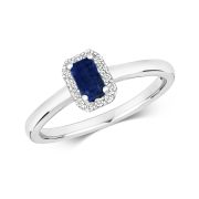 Sapphire & Diamond Ring, Emerald Cut 0.47ct, 9k White Gold