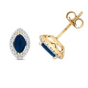 Sapphire Marquise Halo Stud Earrings Claw Set 8x5mm, 9k Gold