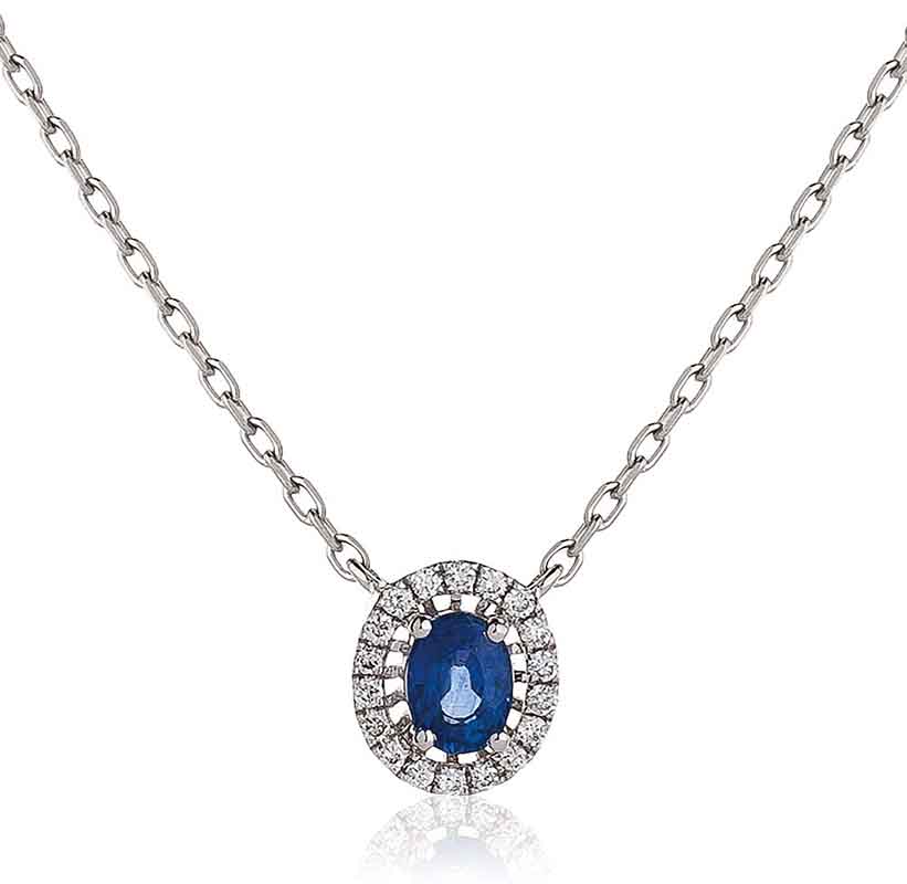 Diamond And Blue Sapphire Pendant Necklace 18k White Gold