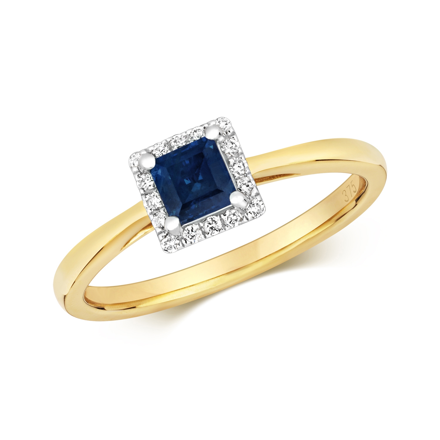 Diamond Princess Cut Sapphire Ring 0.55ct 9k Gold