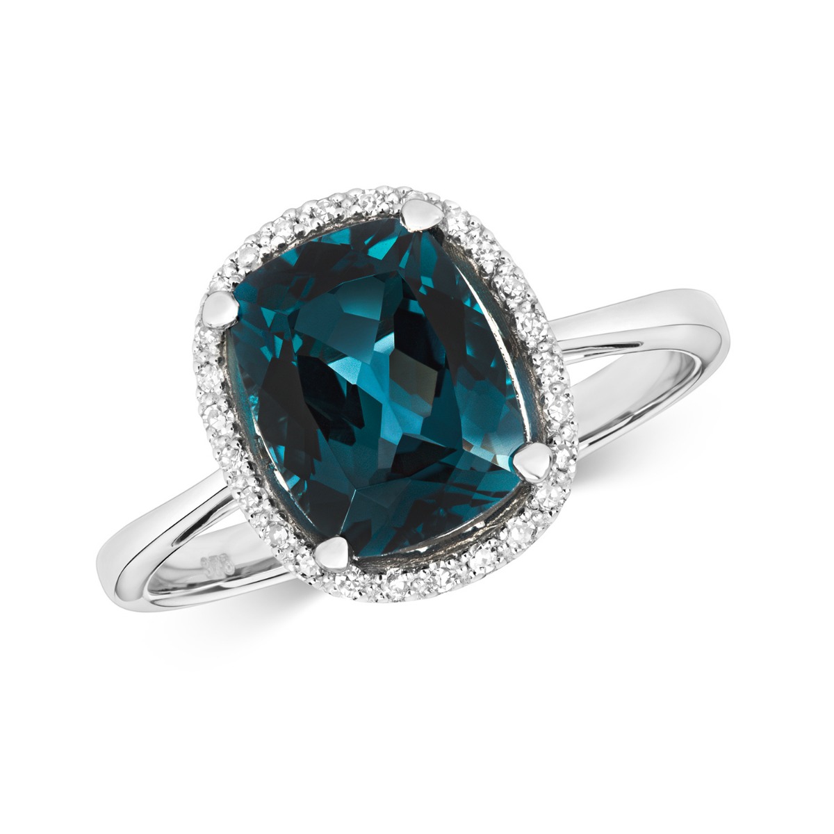 London Blue Topaz Diamond Cushion Cut Ring, 9k White Gold