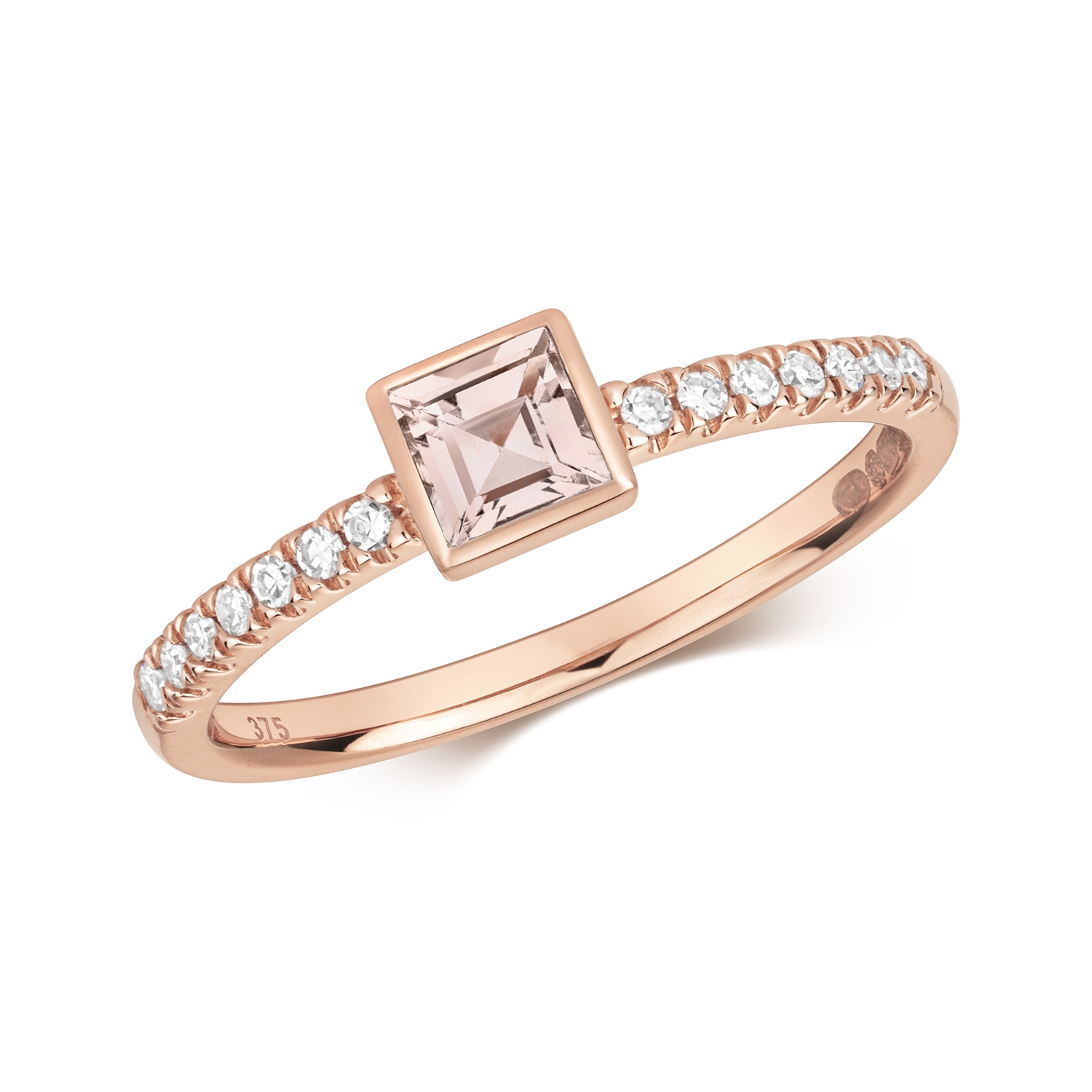 Morganite Diamond Square Cut Ring 9k Rose Gold